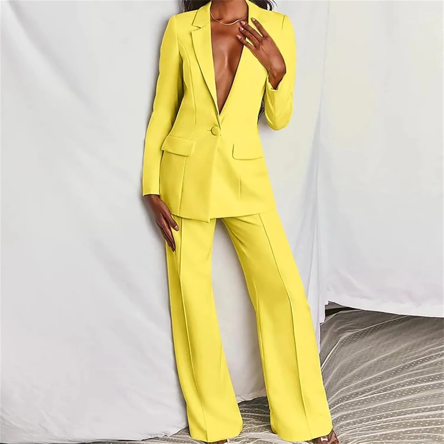 2 Piece Outfits for Women,Women's Sexy Deep V Neck Business Casual Office Suits Wide Leg Pants Suits Jacket