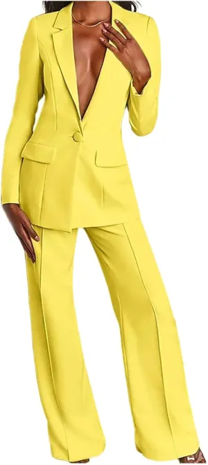 2 Piece Outfits for Women,Women's Sexy Deep V Neck Business Casual Office Suits Wide Leg Pants Suits Jacket