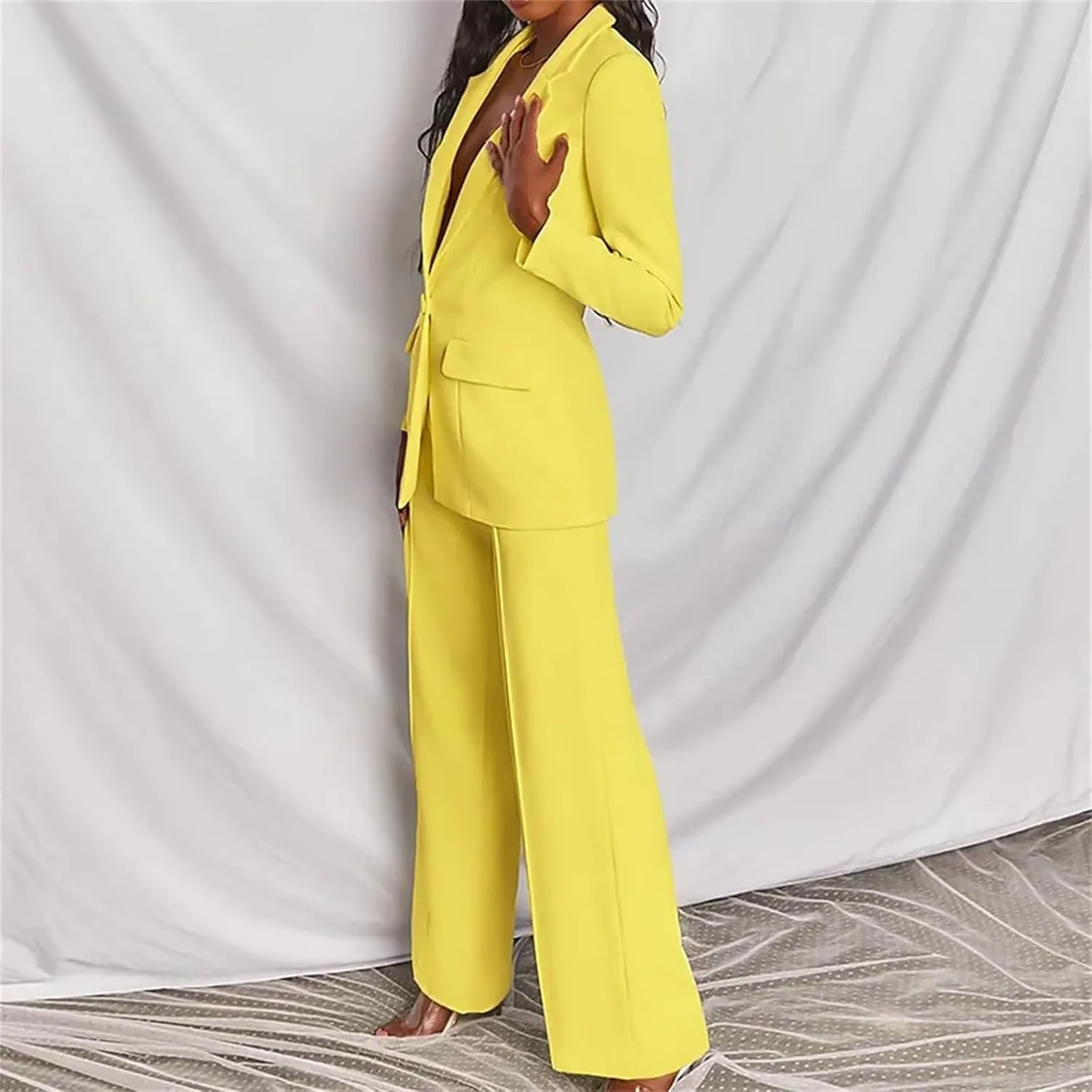 2 Piece Outfits for Women,Women's Sexy Deep V Neck Business Casual Office Suits Wide Leg Pants Suits Jacket