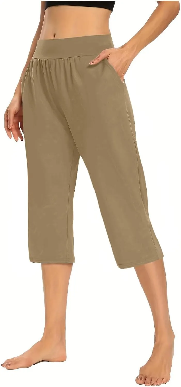 2024 Capris Pants for Women Summer Casual High Wasit Capri Yoga Pants Comfy Stretchy Cropped Lounge Pants with Pocket