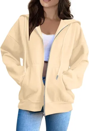 2025 Spring Women's Drawstring Zip Up Cute Hoodies Soft Jacket Plus Size Casual Sweatshirts with Pocket