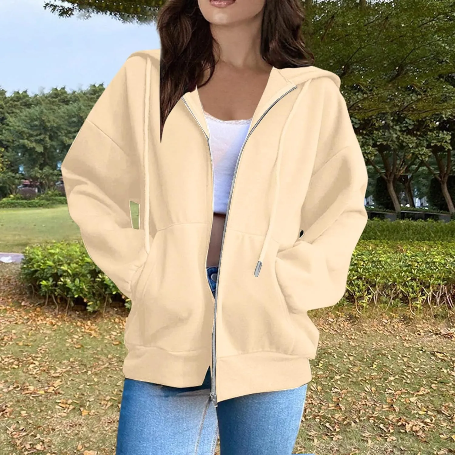 2025 Spring Women's Drawstring Zip Up Cute Hoodies Soft Jacket Plus Size Casual Sweatshirts with Pocket