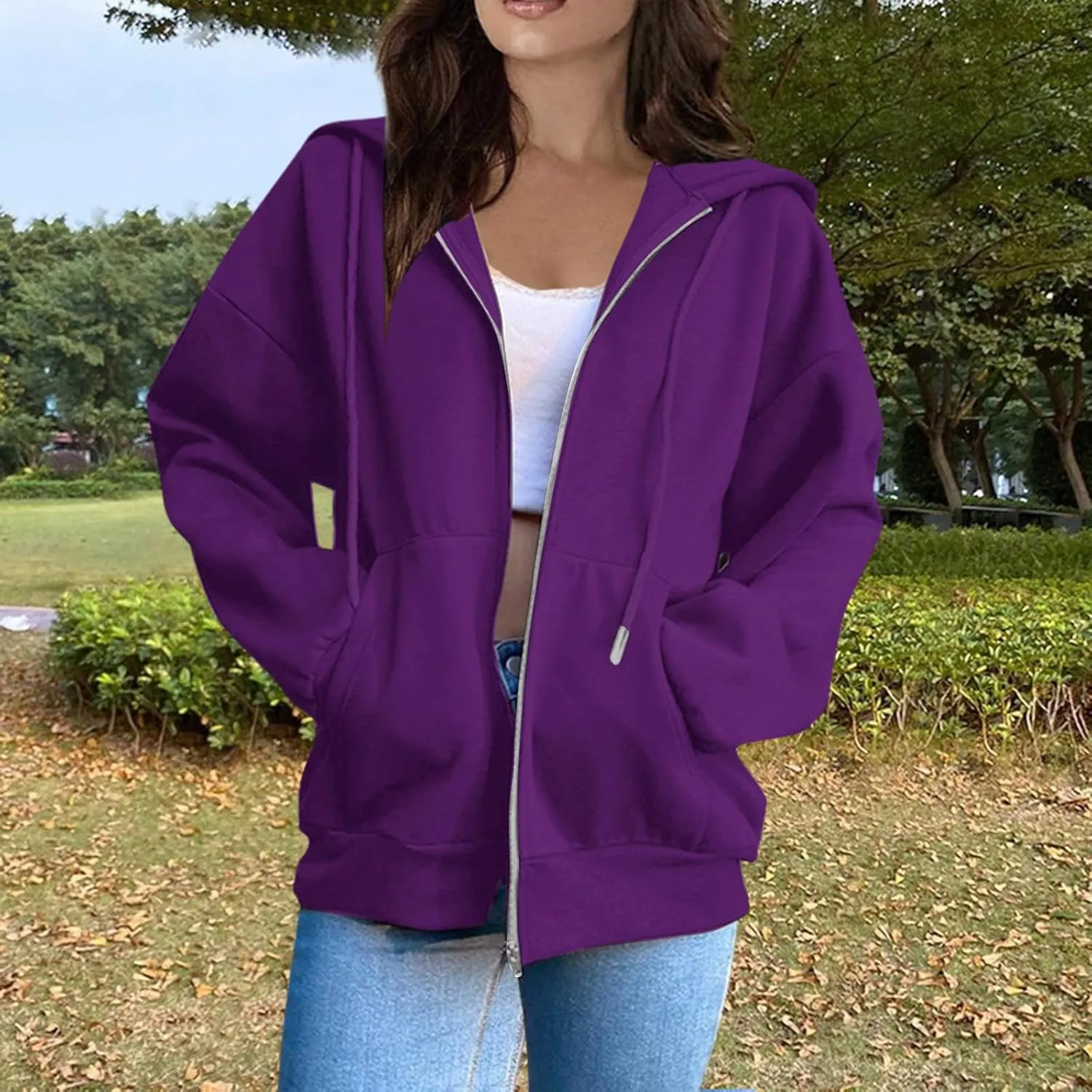2025 Spring Women's Drawstring Zip Up Cute Hoodies Soft Jacket Plus Size Casual Sweatshirts with Pocket