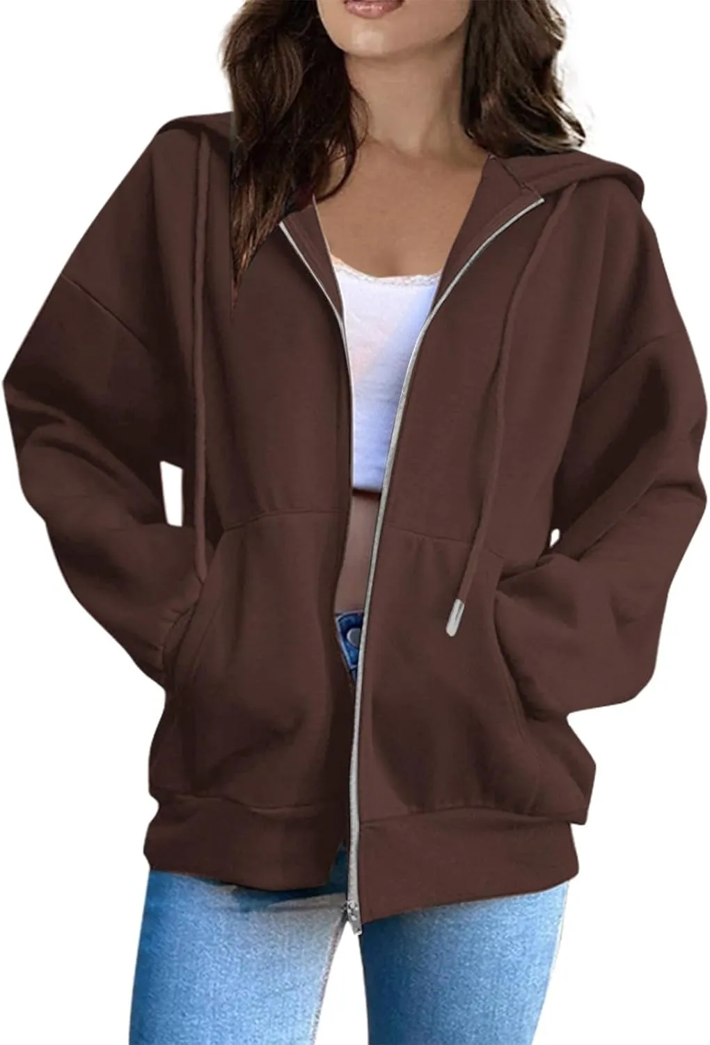 2025 Spring Women's Drawstring Zip Up Cute Hoodies Soft Jacket Plus Size Casual Sweatshirts with Pocket