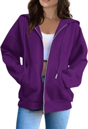 2025 Spring Women's Drawstring Zip Up Cute Hoodies Soft Jacket Plus Size Casual Sweatshirts with Pocket