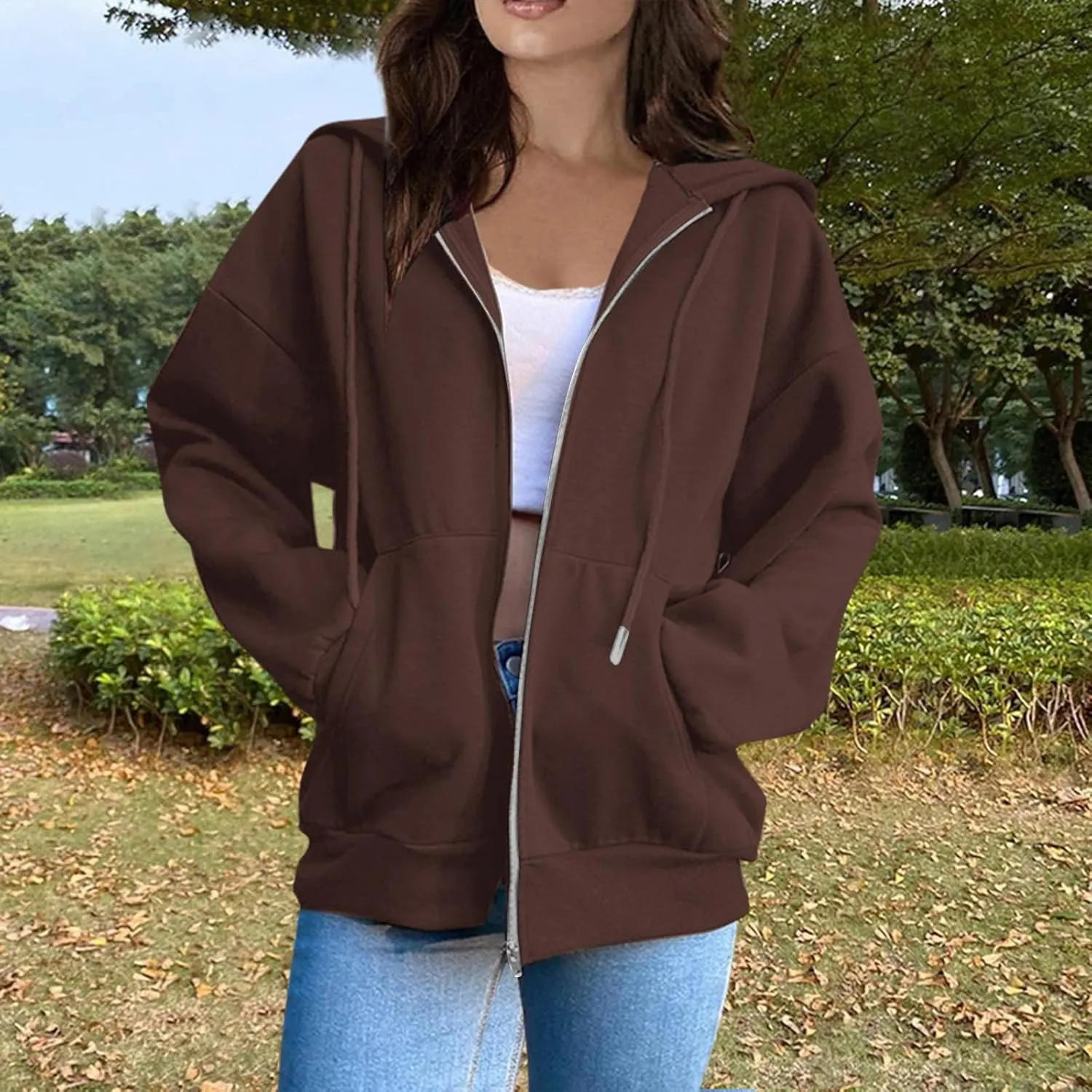 2025 Spring Women's Drawstring Zip Up Cute Hoodies Soft Jacket Plus Size Casual Sweatshirts with Pocket