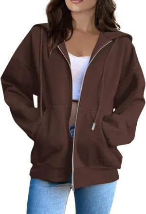 2025 Spring Women's Drawstring Zip Up Cute Hoodies Soft Jacket Plus Size Casual Sweatshirts with Pocket