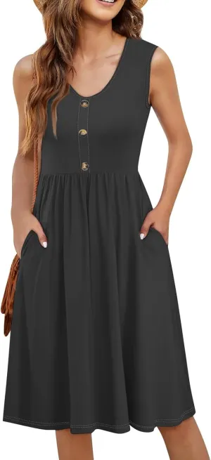 2025 Women Summer Round Neck Casual Loose Wrinkle-Free Long Maxi Beach Dress with Pockets Sleeveless Sundress