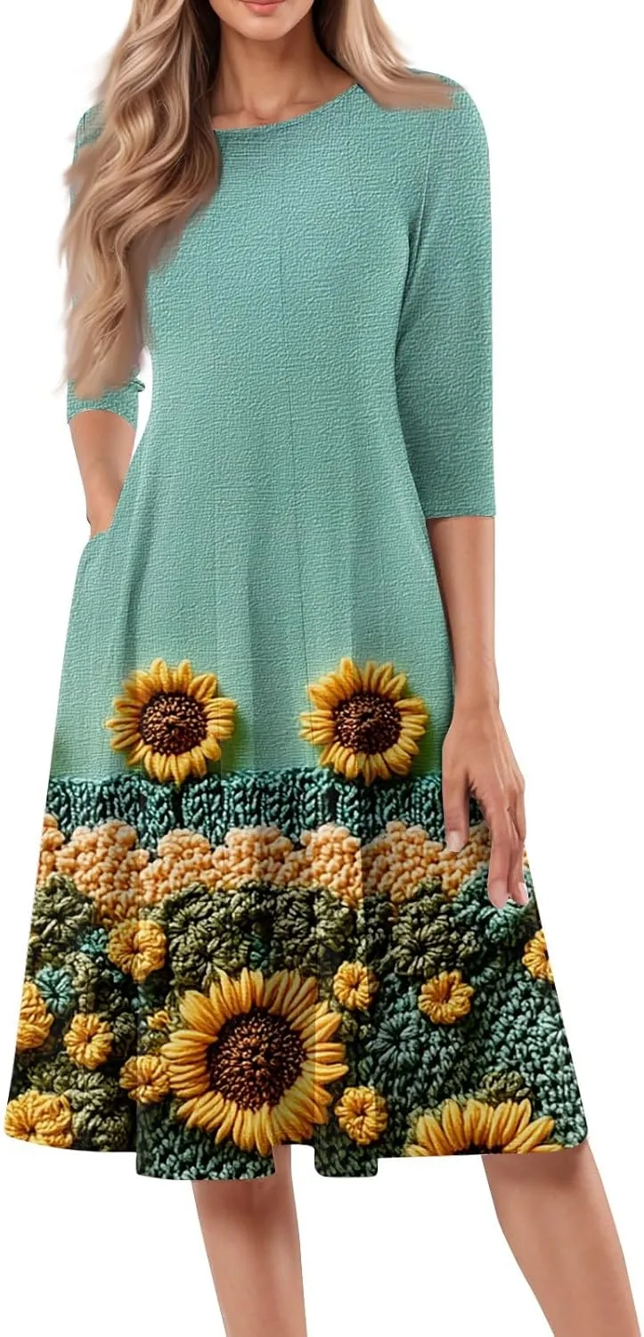 3/4 Sleeve Midi Dress for Women Spring Fashion Outdoor Floral Crewneck Dresses 2025 Casual