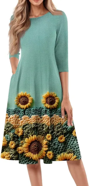 3/4 Sleeve Midi Dress for Women Spring Fashion Outdoor Floral Crewneck Dresses 2025 Casual