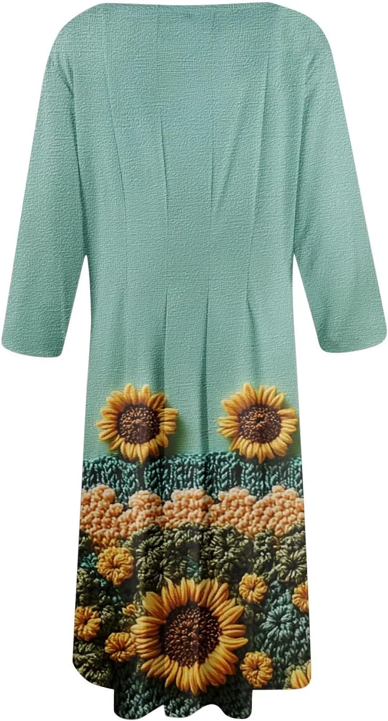 3/4 Sleeve Midi Dress for Women Spring Fashion Outdoor Floral Crewneck Dresses 2025 Casual