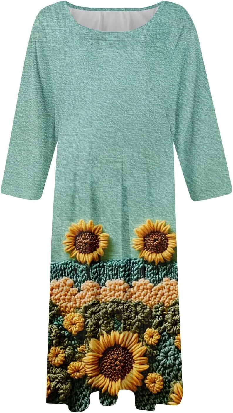 3/4 Sleeve Midi Dress for Women Spring Fashion Outdoor Floral Crewneck Dresses 2025 Casual