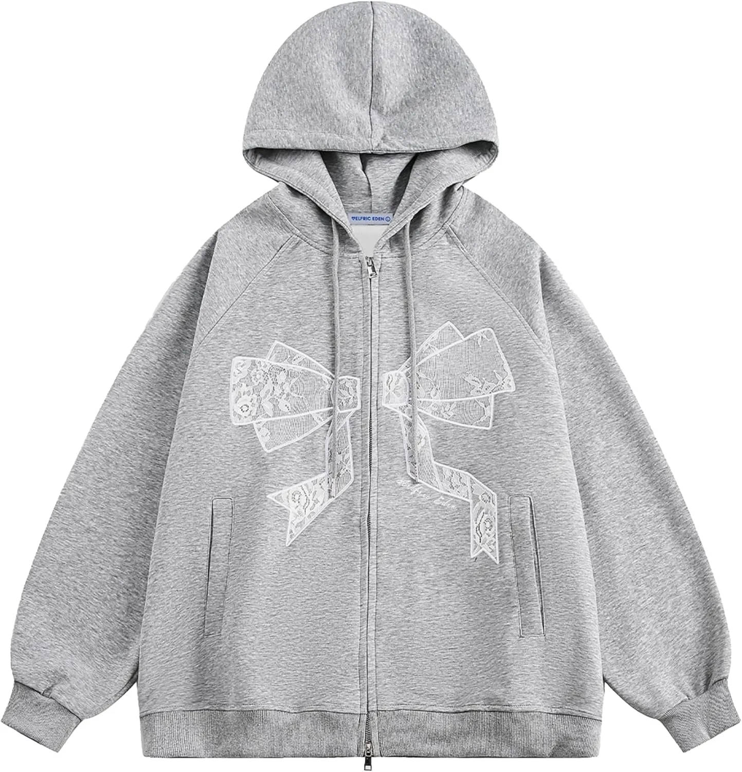 Aelfric Eden Womens Zip Up Hoodies Embroidery Lace Bow Long Sleeve Sweatshirts Y2K Oversized Fall Outfits with Pocket