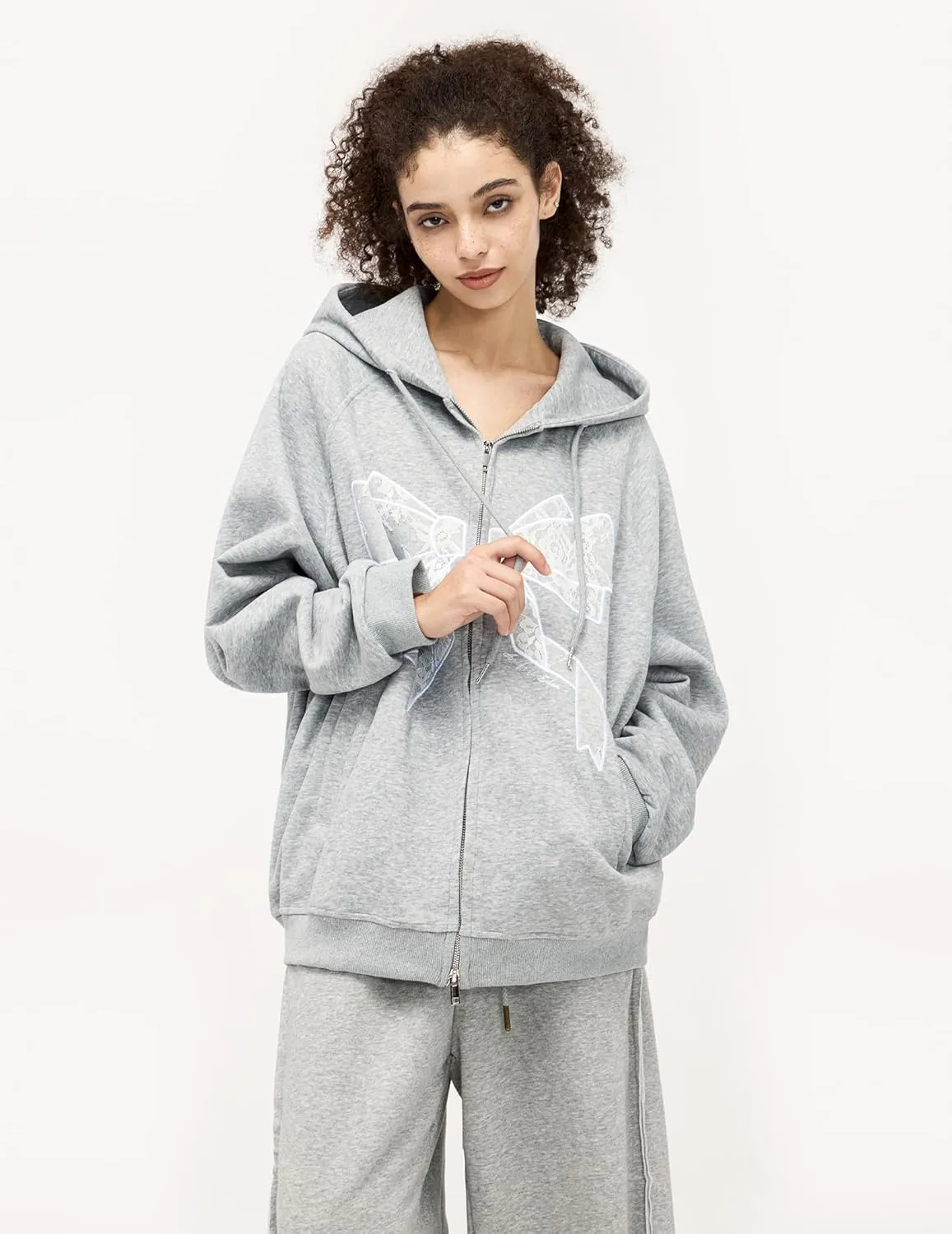 Aelfric Eden Womens Zip Up Hoodies Embroidery Lace Bow Long Sleeve Sweatshirts Y2K Oversized Fall Outfits with Pocket