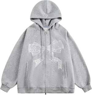 Aelfric Eden Womens Zip Up Hoodies Embroidery Lace Bow Long Sleeve Sweatshirts Y2K Oversized Fall Outfits with Pocket