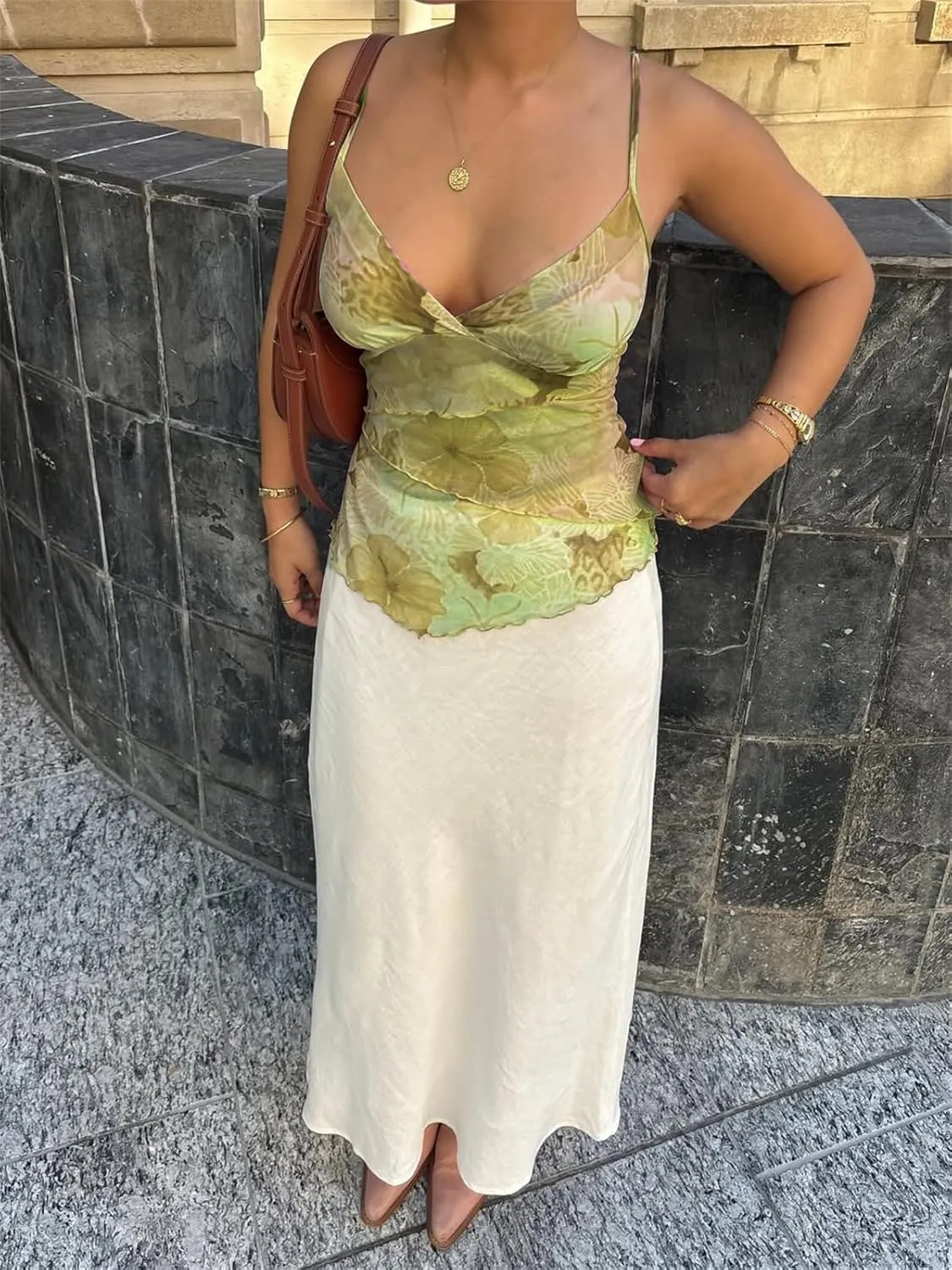 Alyweatry Women Vintage Y2k Mesh Cami Top Sleeveless Deep V Neck Spaghetti Strap Floral Print Going Out Summer Camisole