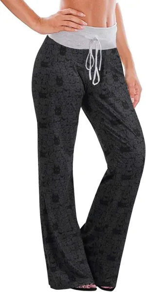 AMiERY Women's Comfy Casual Pajamas Pant Floral Printed High Waist Wide Legs Lounge Pants Trousers