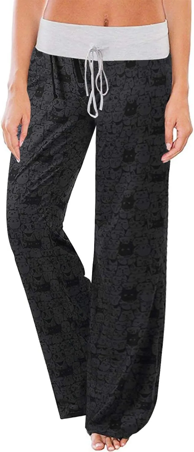 AMiERY Women's Comfy Casual Pajamas Pant Floral Printed High Waist Wide Legs Lounge Pants Trousers