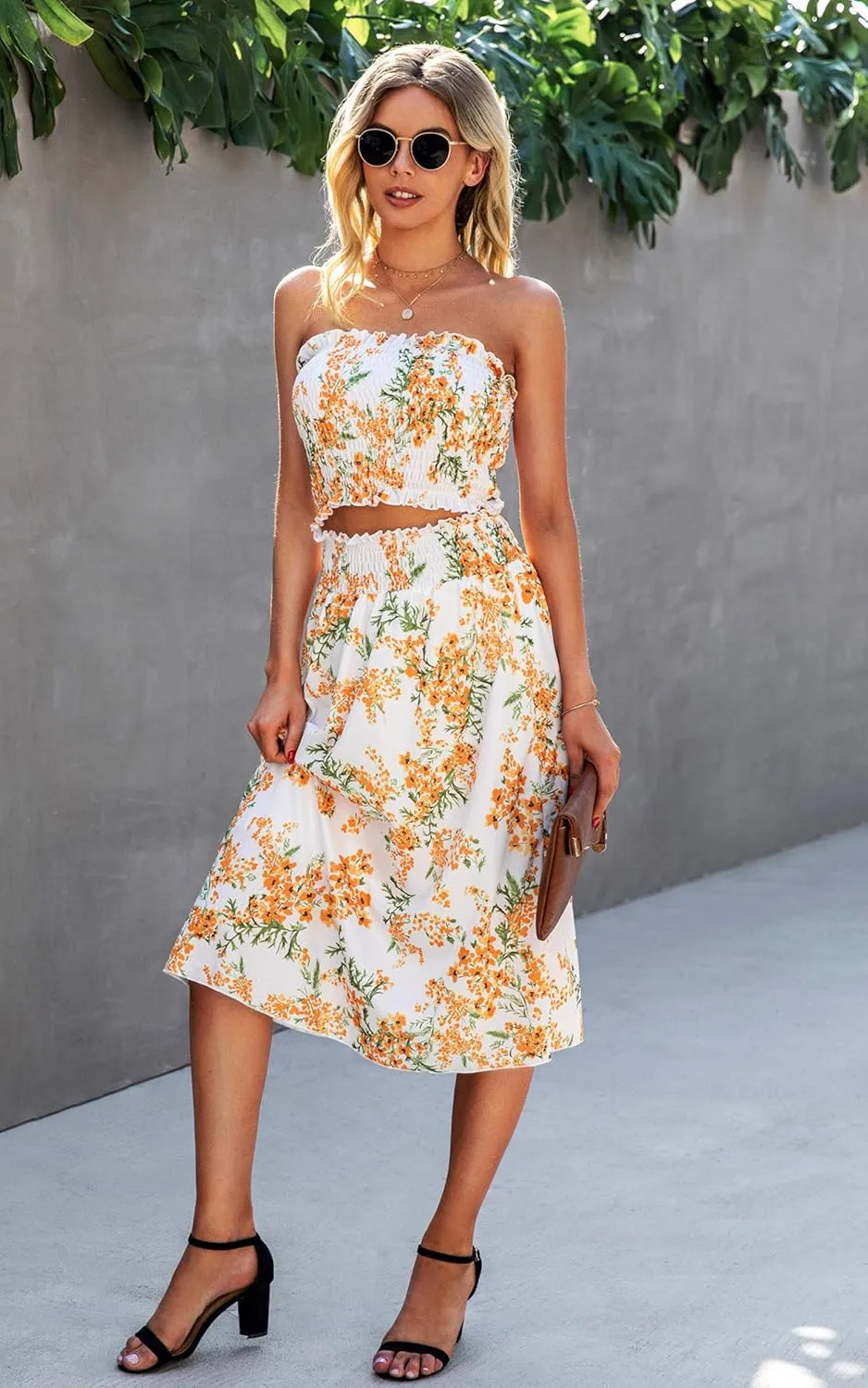 Angashion Women's Floral Crop Top Maxi Skirts Set 2 Piece Outfit Dress