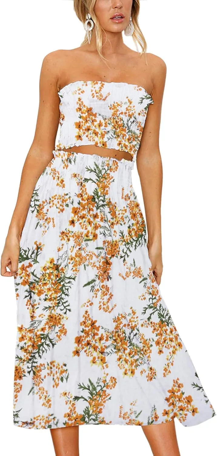 Angashion Women's Floral Crop Top Maxi Skirts Set 2 Piece Outfit Dress