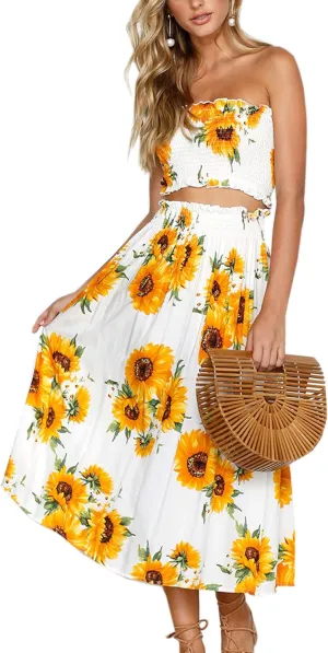 Angashion Women's Floral Crop Top Maxi Skirts Set 2 Piece Outfit Dress