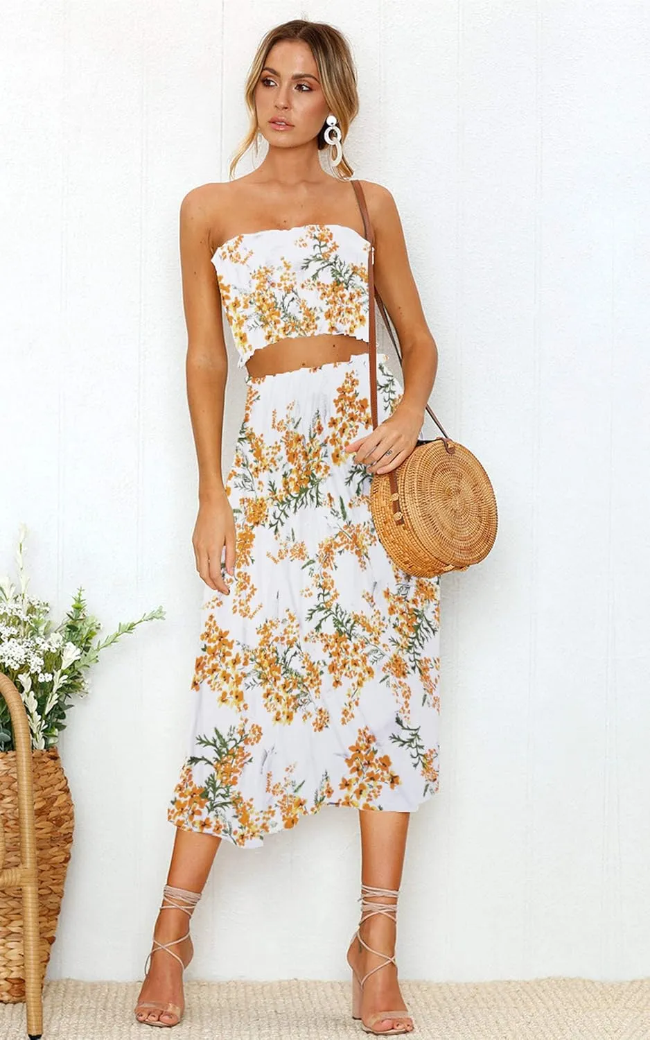 Angashion Women's Floral Crop Top Maxi Skirts Set 2 Piece Outfit Dress