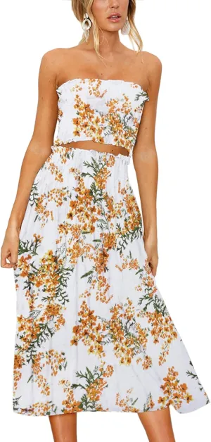 Angashion Women's Floral Crop Top Maxi Skirts Set 2 Piece Outfit Dress