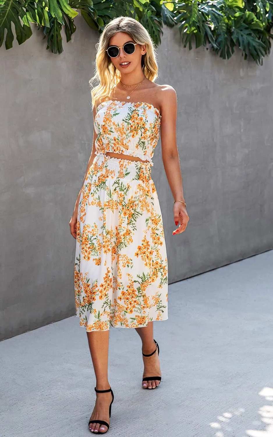 Angashion Women's Floral Crop Top Maxi Skirts Set 2 Piece Outfit Dress
