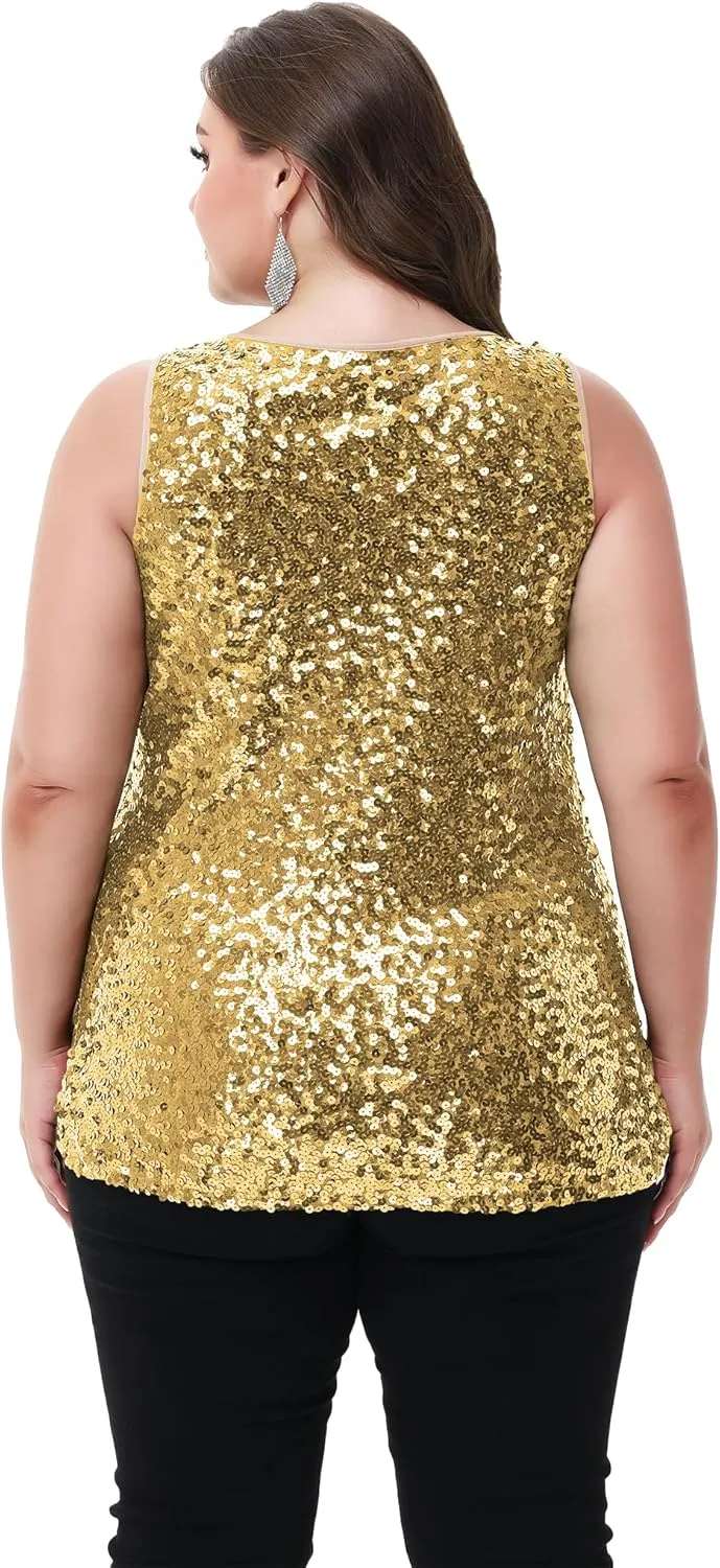 Anna-Kaci Womens Plus Size Sleeveless Sequin Tops Sparkle Shine Tank Top