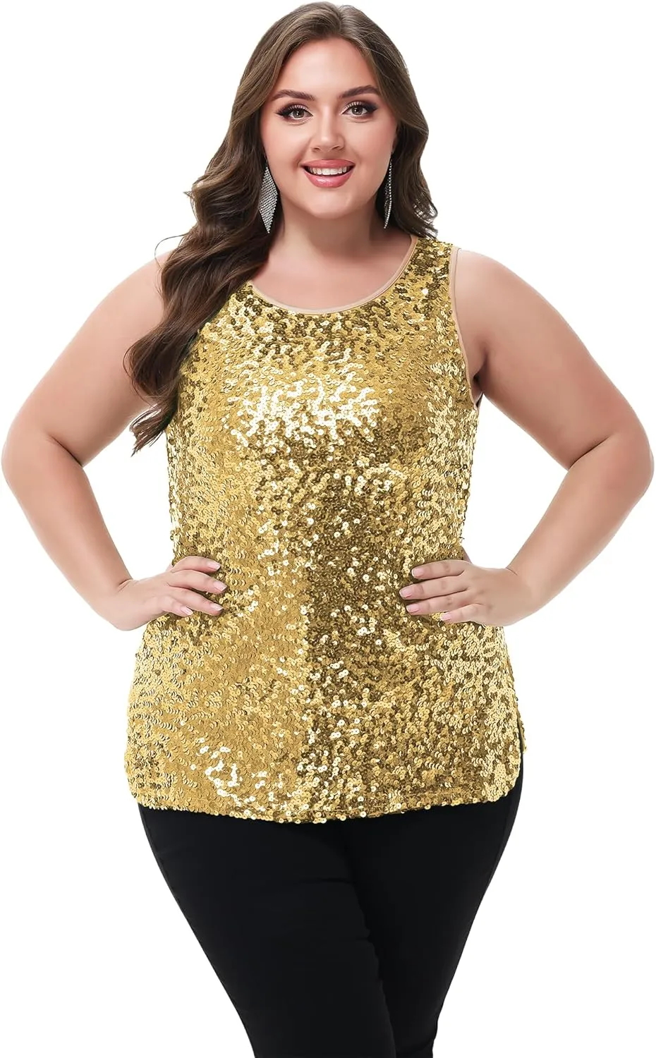Anna-Kaci Womens Plus Size Sleeveless Sequin Tops Sparkle Shine Tank Top