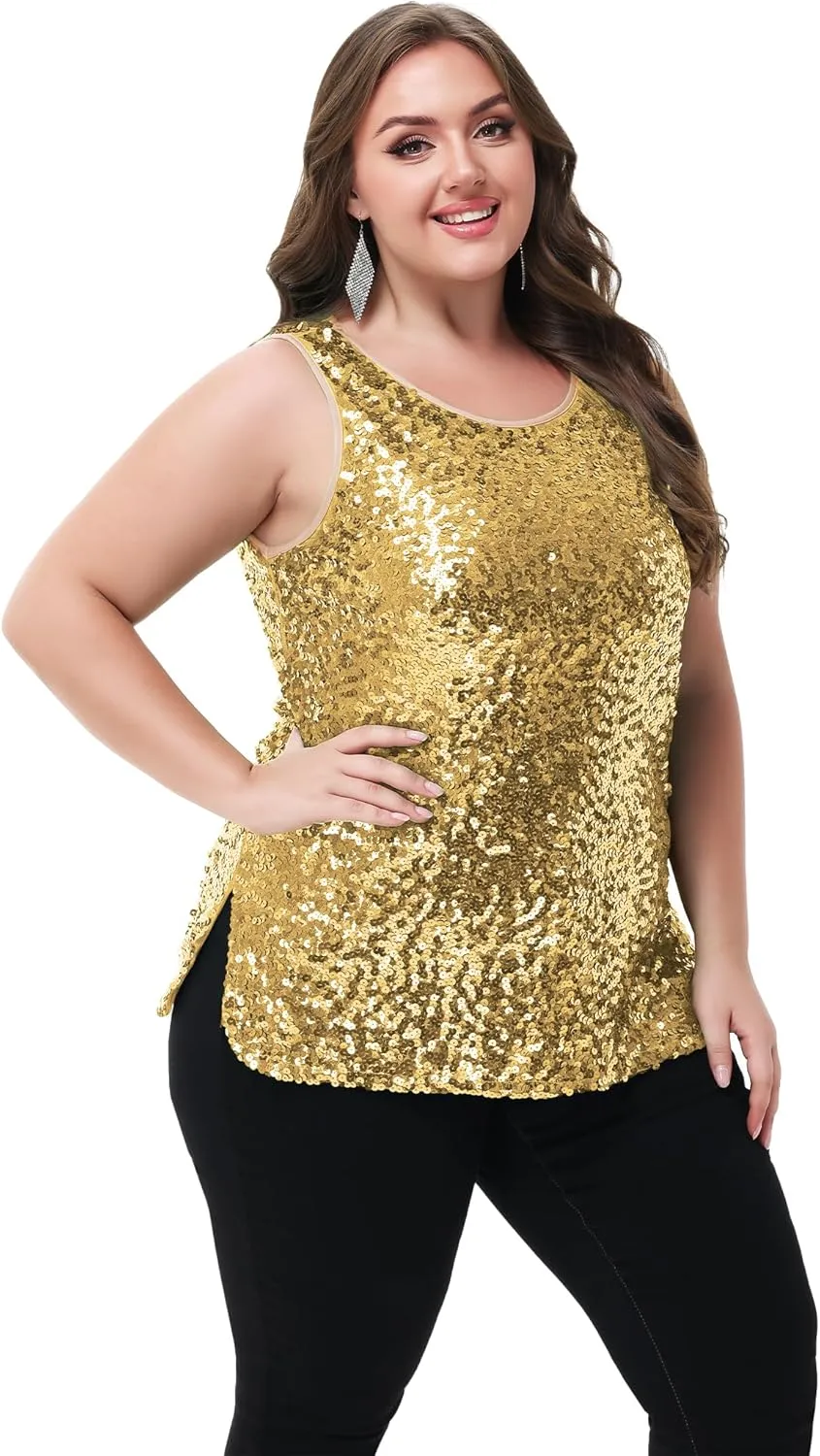 Anna-Kaci Womens Plus Size Sleeveless Sequin Tops Sparkle Shine Tank Top