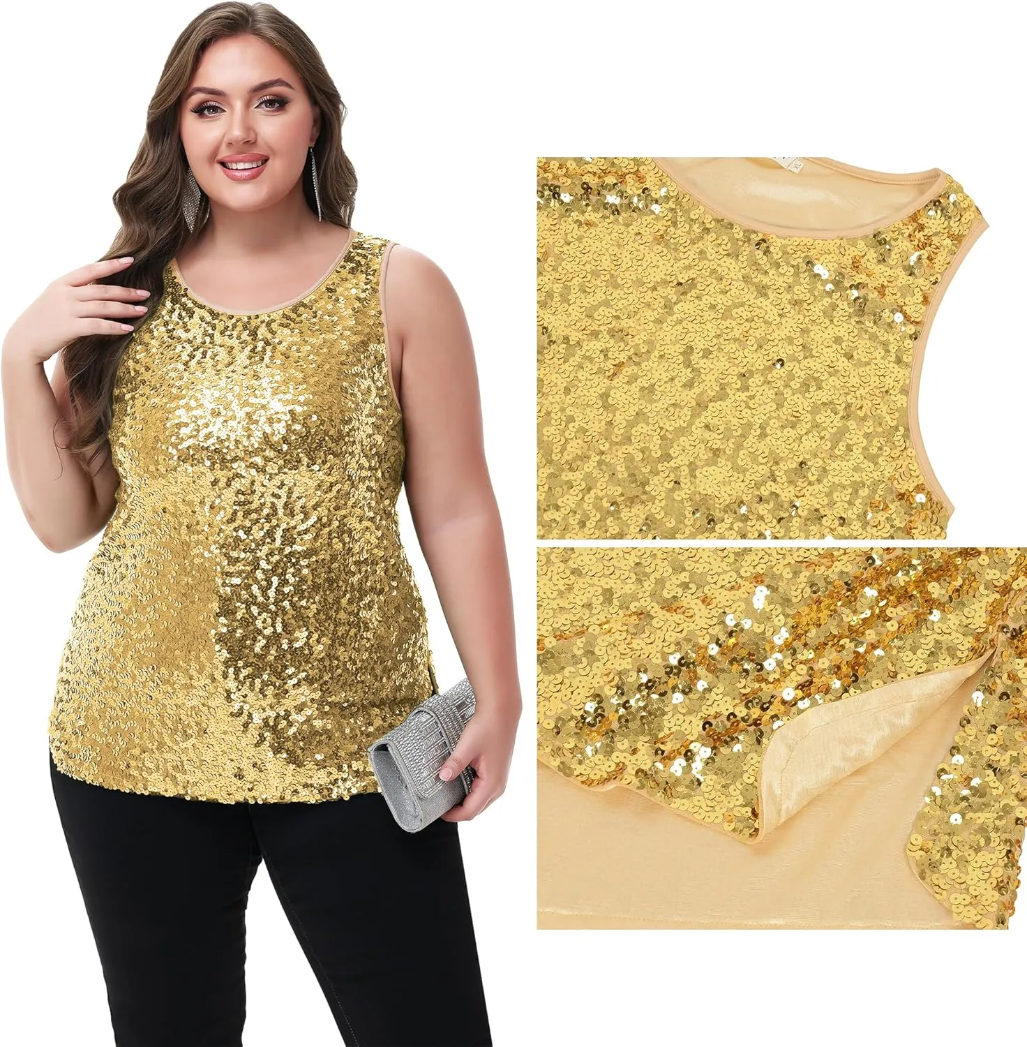 Anna-Kaci Womens Plus Size Sleeveless Sequin Tops Sparkle Shine Tank Top