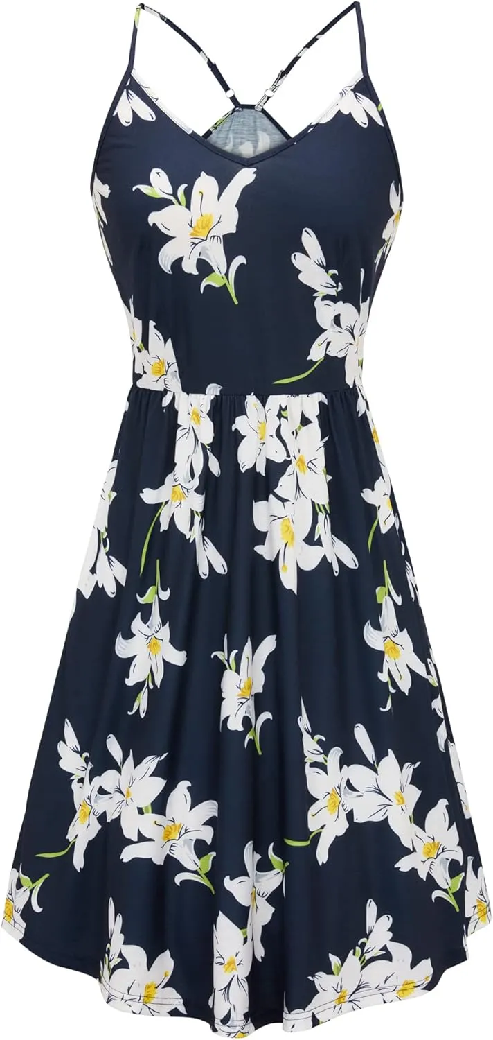 Arach&Cloz Women's V-Neck Spaghetti Strap Sundress Floral Casual Summer Swing Beach Dress with Pockets