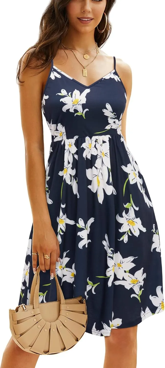 Arach&Cloz Women's V-Neck Spaghetti Strap Sundress Floral Casual Summer Swing Beach Dress with Pockets