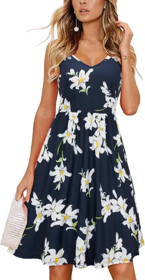 Arach&Cloz Women's V-Neck Spaghetti Strap Sundress Floral Casual Summer Swing Beach Dress with Pockets