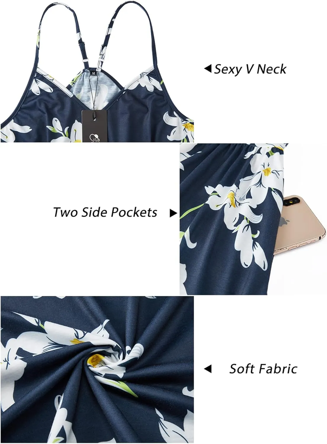 Arach&Cloz Women's V-Neck Spaghetti Strap Sundress Floral Casual Summer Swing Beach Dress with Pockets