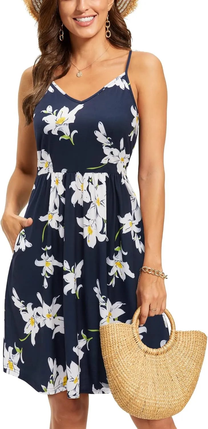 Arach&Cloz Women's V-Neck Spaghetti Strap Sundress Floral Casual Summer Swing Beach Dress with Pockets