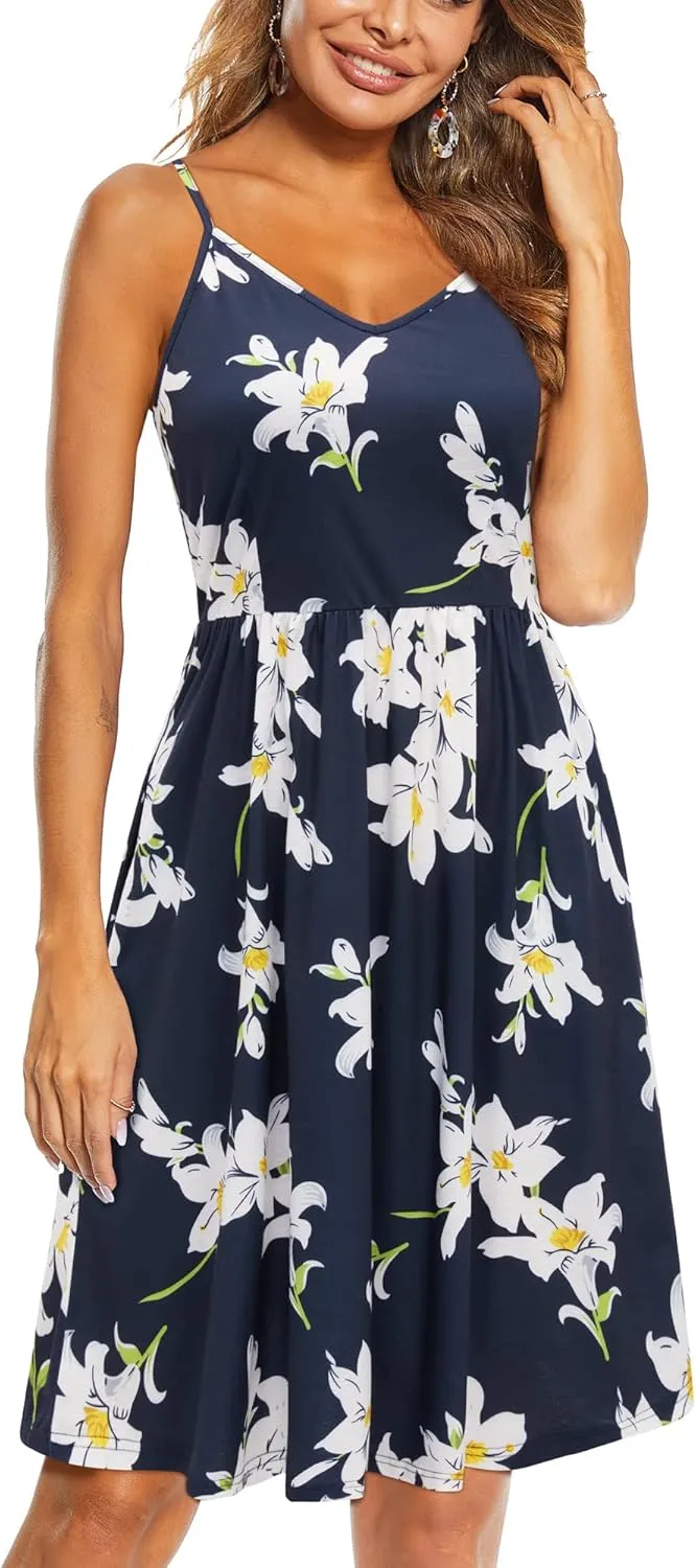 Arach&Cloz Women's V-Neck Spaghetti Strap Sundress Floral Casual Summer Swing Beach Dress with Pockets