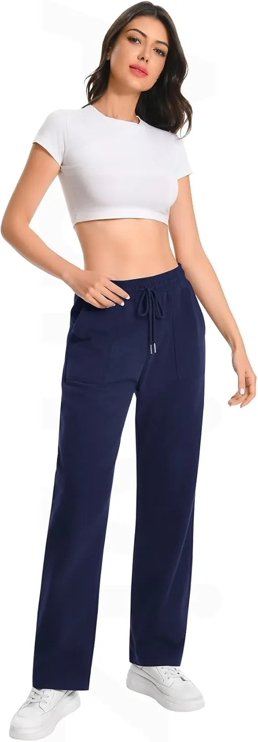Auriviz Widen Waistband Sweat Pants for Women Exposed Pockets Lounge Sweatpants Straight Leg Pants 29 Inseam