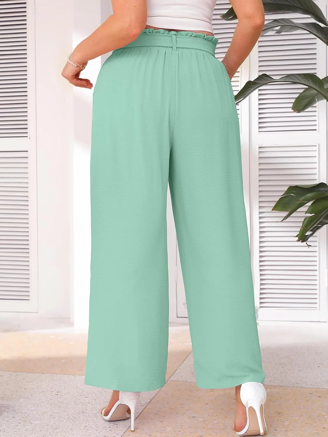 AusLook Women's Plus Size Wide Leg Lounge Pants with Pockets High Waisted Palazzo Adjustable Tie Knot Flowy Trousers