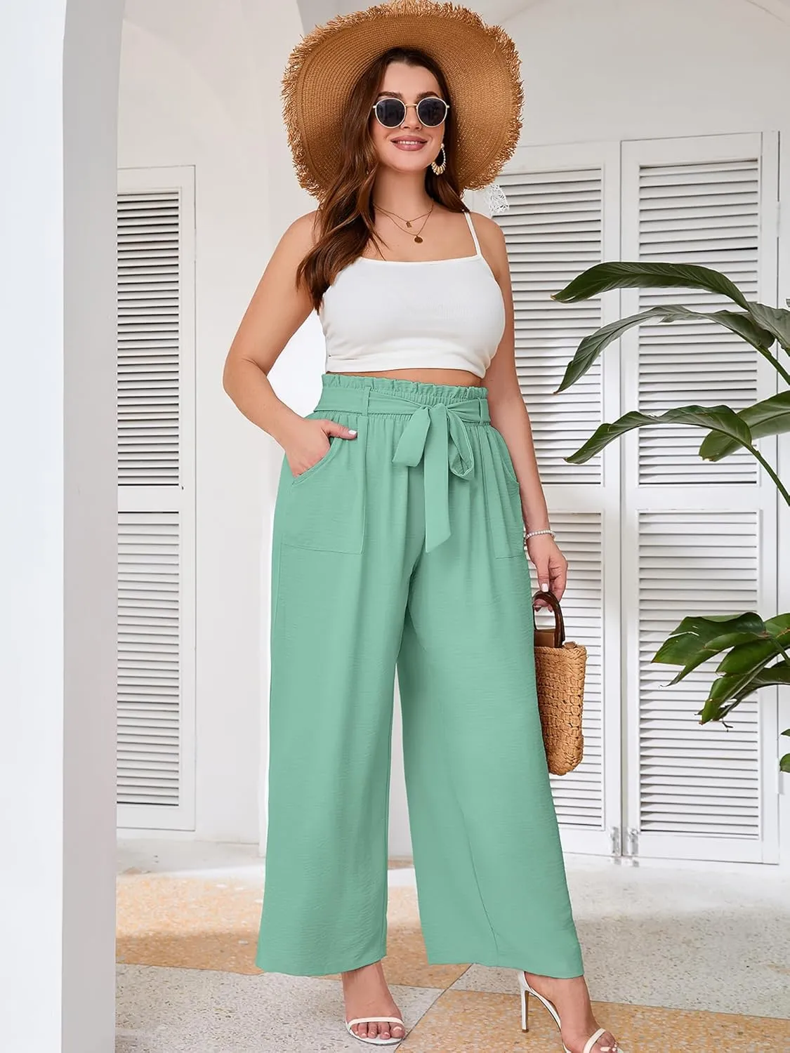 AusLook Women's Plus Size Wide Leg Lounge Pants with Pockets High Waisted Palazzo Adjustable Tie Knot Flowy Trousers