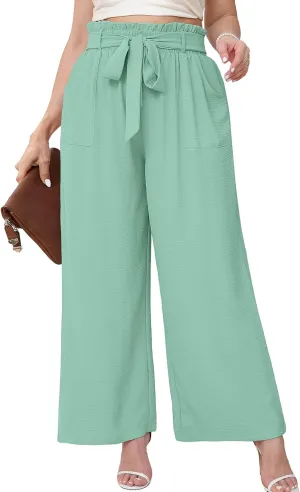 AusLook Women's Plus Size Wide Leg Lounge Pants with Pockets High Waisted Palazzo Adjustable Tie Knot Flowy Trousers