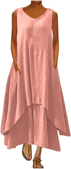 Aymnlox Sundresses for Women 2023 Trendy Casual Cotton Linen Sleeveless Tank Dress with Pockets Summer Double Layer Dresses
