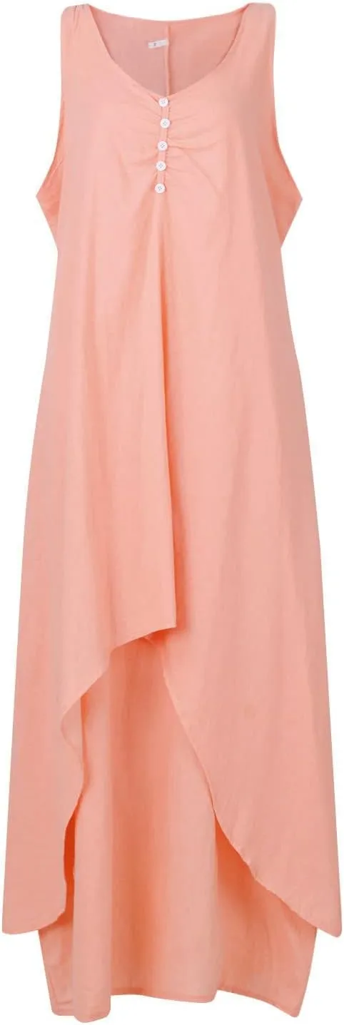 Aymnlox Sundresses for Women 2023 Trendy Casual Cotton Linen Sleeveless Tank Dress with Pockets Summer Double Layer Dresses