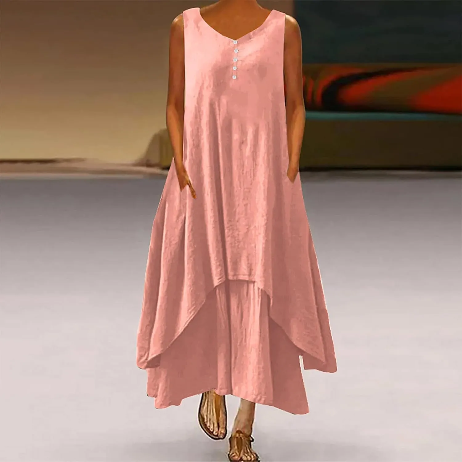 Aymnlox Sundresses for Women 2023 Trendy Casual Cotton Linen Sleeveless Tank Dress with Pockets Summer Double Layer Dresses