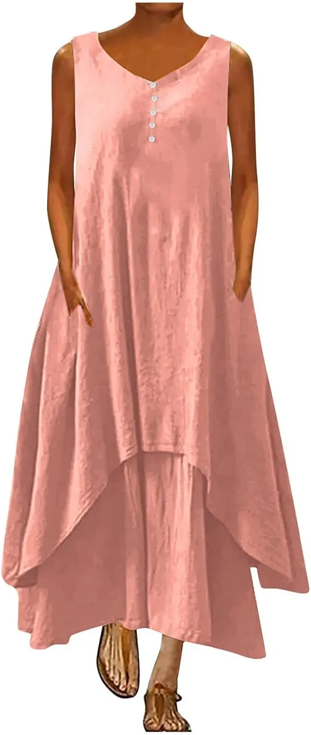 Aymnlox Sundresses for Women 2023 Trendy Casual Cotton Linen Sleeveless Tank Dress with Pockets Summer Double Layer Dresses