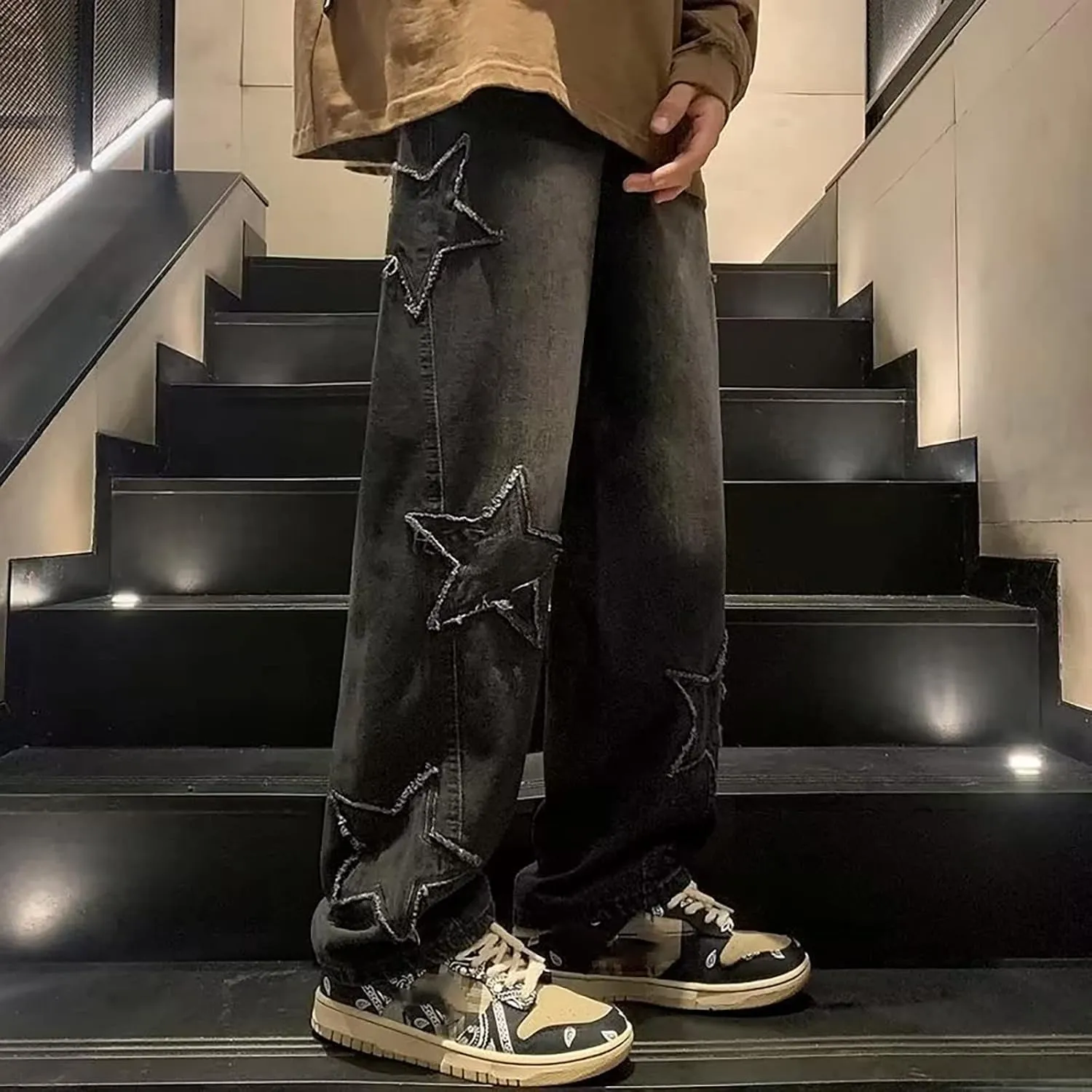 Baggy Cargo Jeans for Men Y2K Vintage Straight Wide Leg Aesthetic Clothes 90s Hip Hop Streetwear Trousers