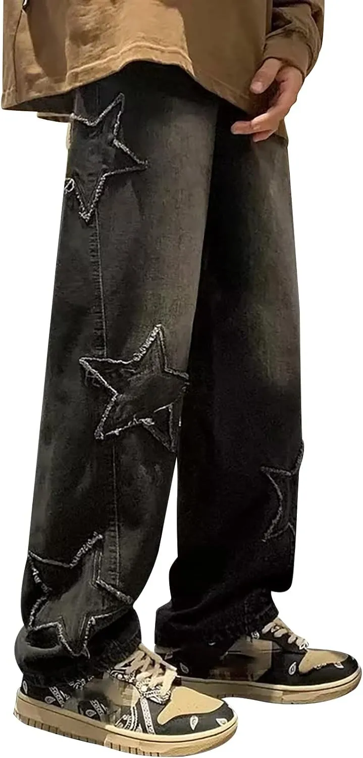 Baggy Cargo Jeans for Men Y2K Vintage Straight Wide Leg Aesthetic Clothes 90s Hip Hop Streetwear Trousers