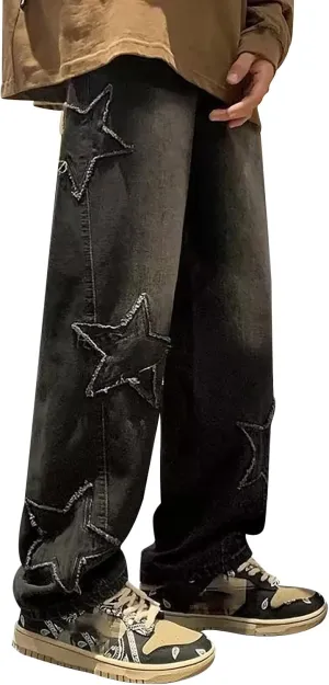 Baggy Cargo Jeans for Men Y2K Vintage Straight Wide Leg Aesthetic Clothes 90s Hip Hop Streetwear Trousers