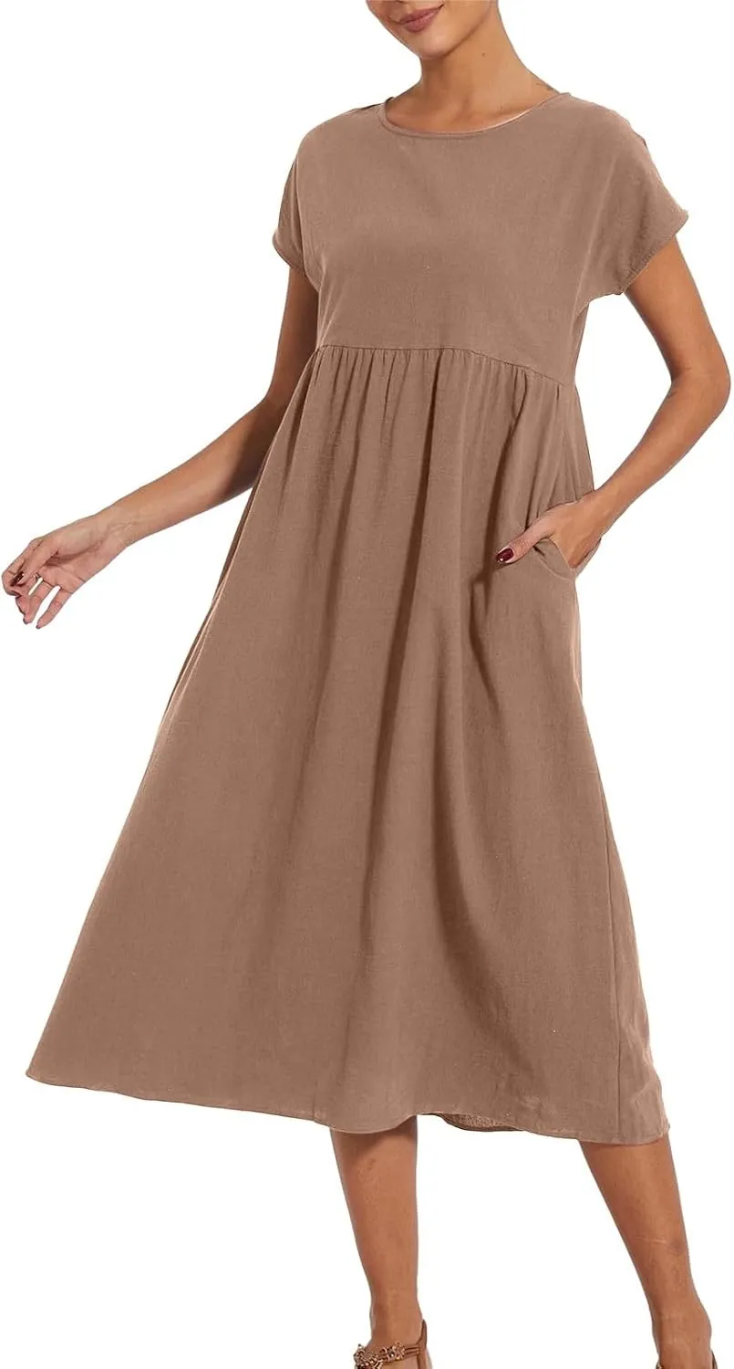Baggy Linen Dresses for Women Summer Short Sleeve Crewneck A Line Dress Tunic Beach Swing Maxi Dresses with Pockets